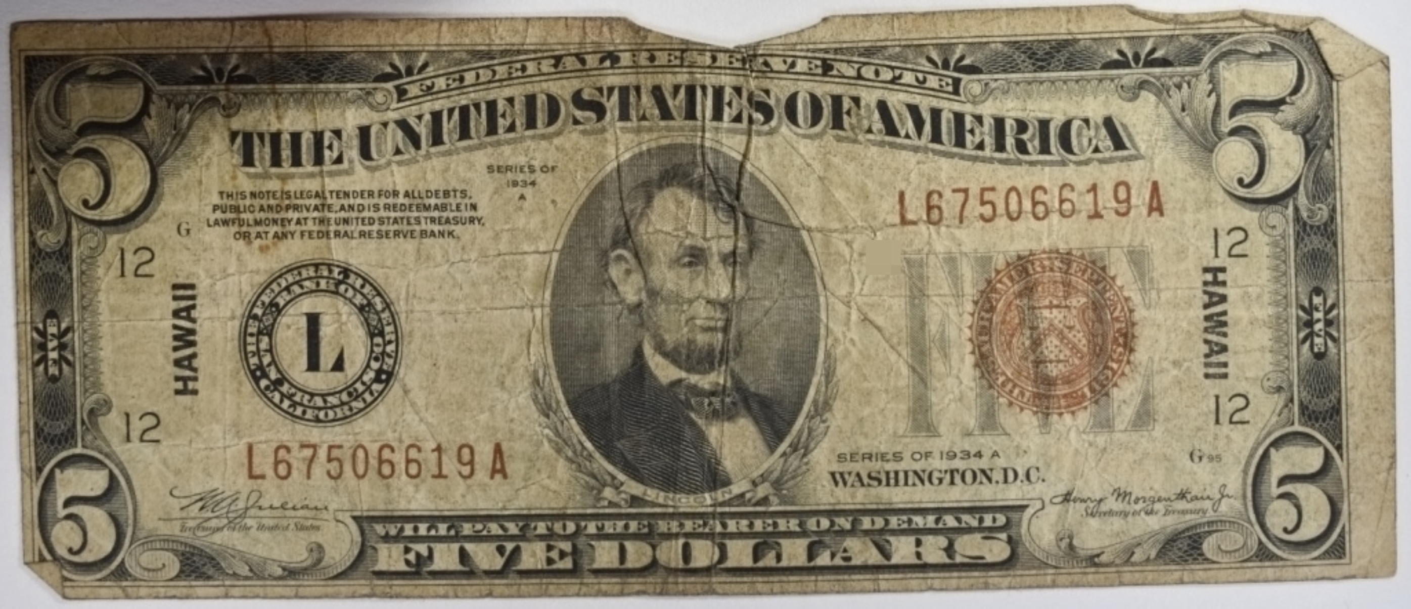 1934A $5 Hawaii Silver Cert. SN L67506619A