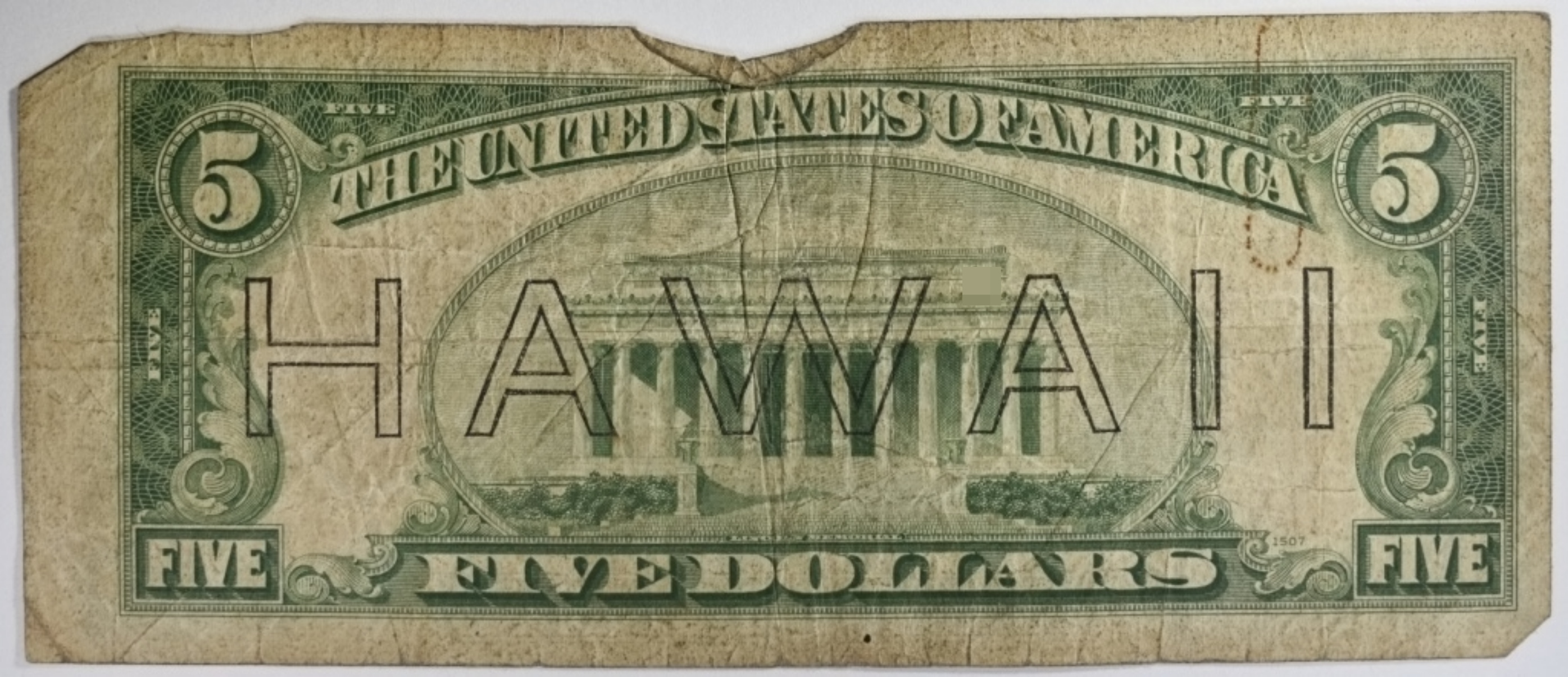 1934A $5 Hawaii Silver Cert. SN L67506619A