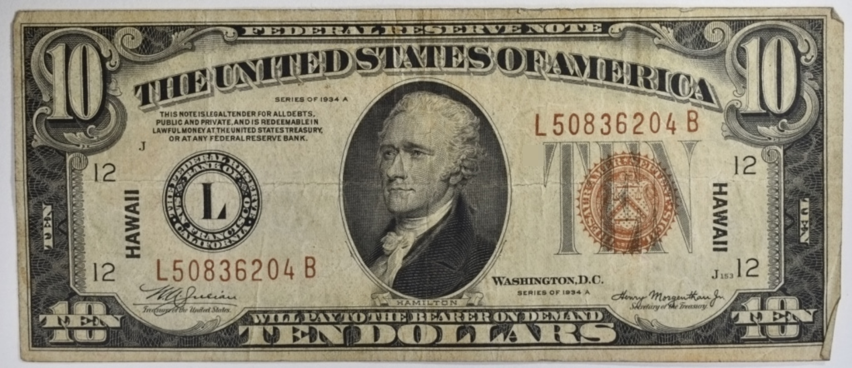 1934A $10 Hawaii Silver Cert. SN L50836204B