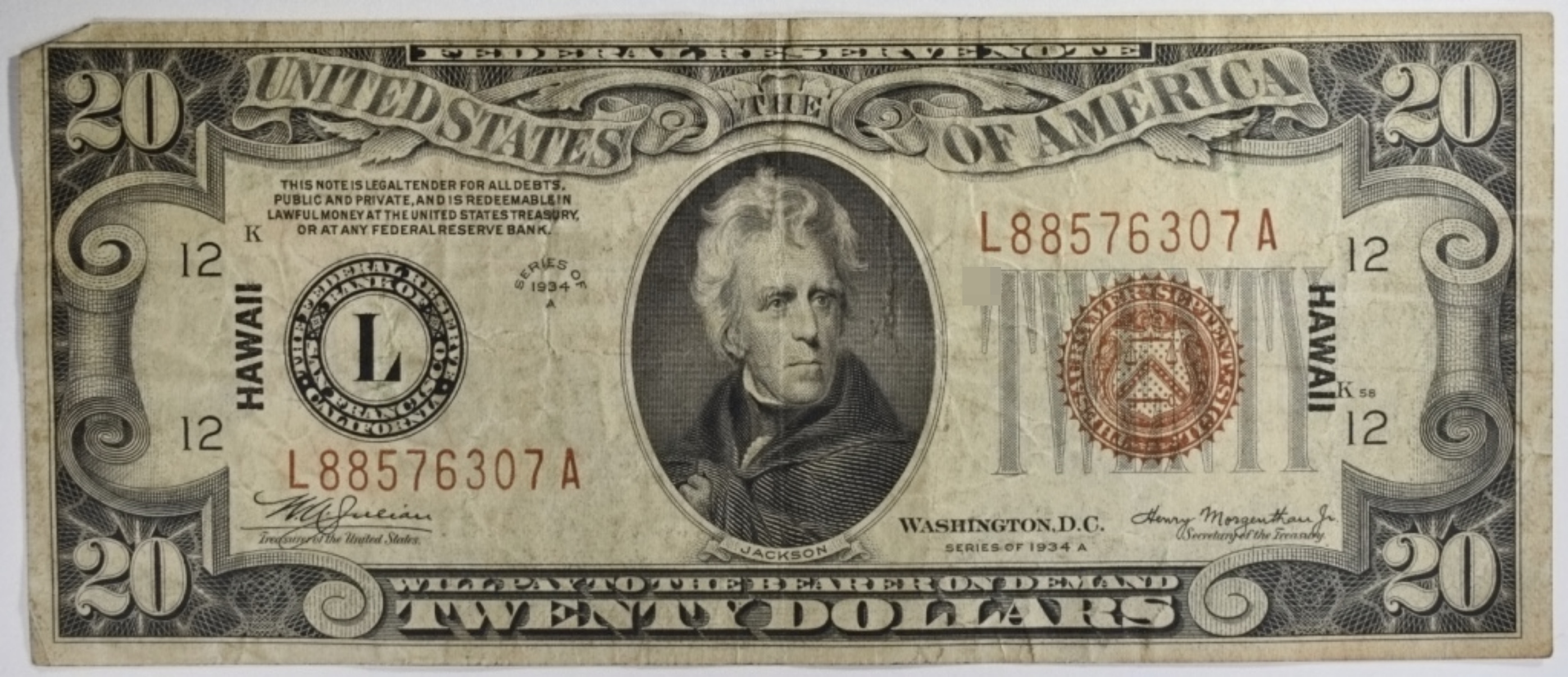 1934A $20 Hawaii Silver Cert. SN L88576307A