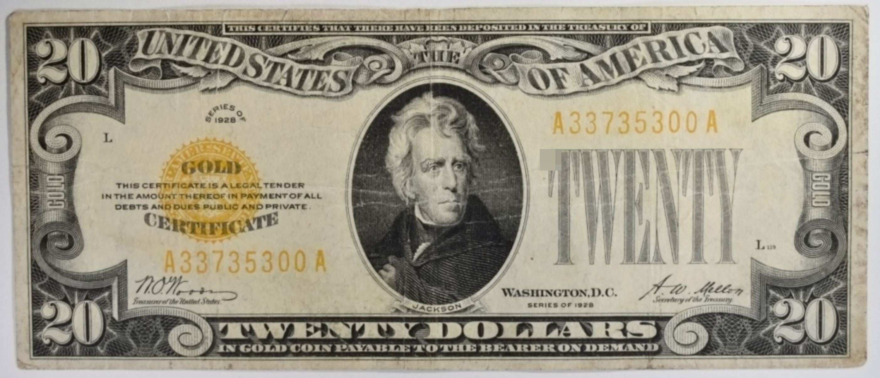 1928 $20 Gold Certificate SN A33735300A