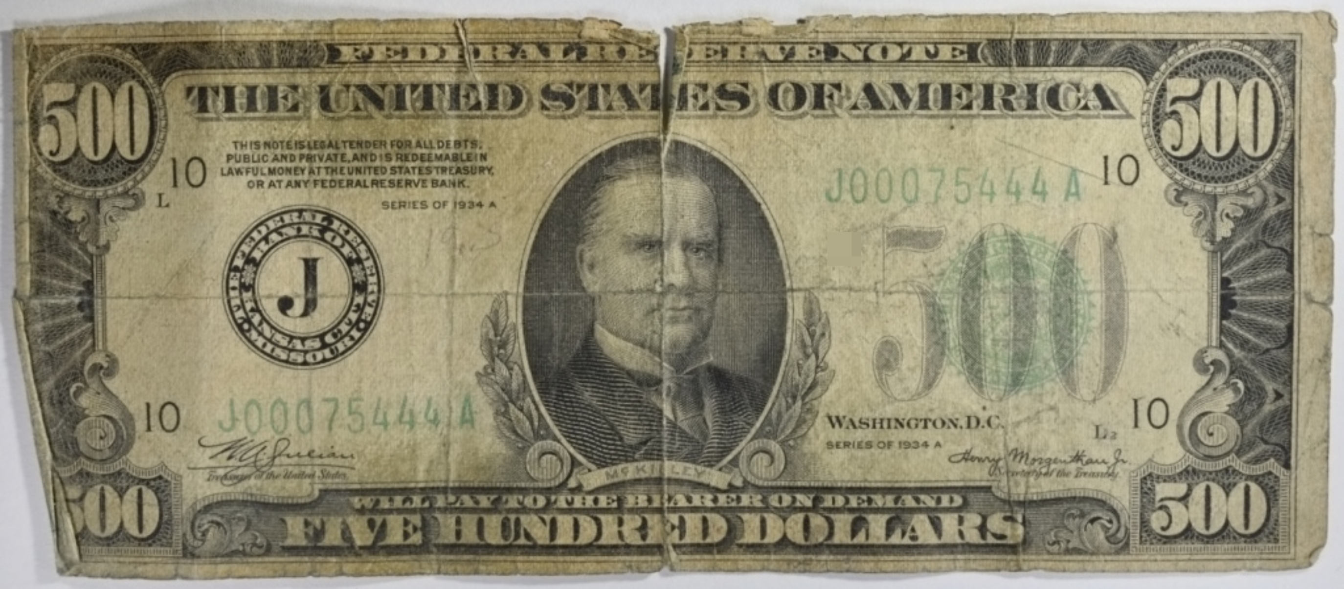 1934A $500 FRN SN J00075444A