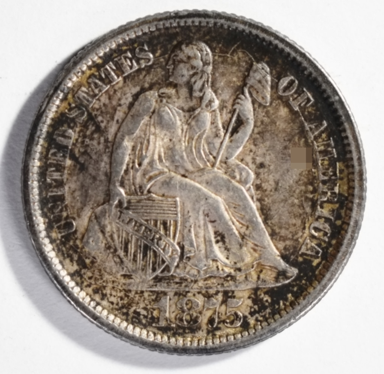 1875-CC Seated Dime CC Above Bow