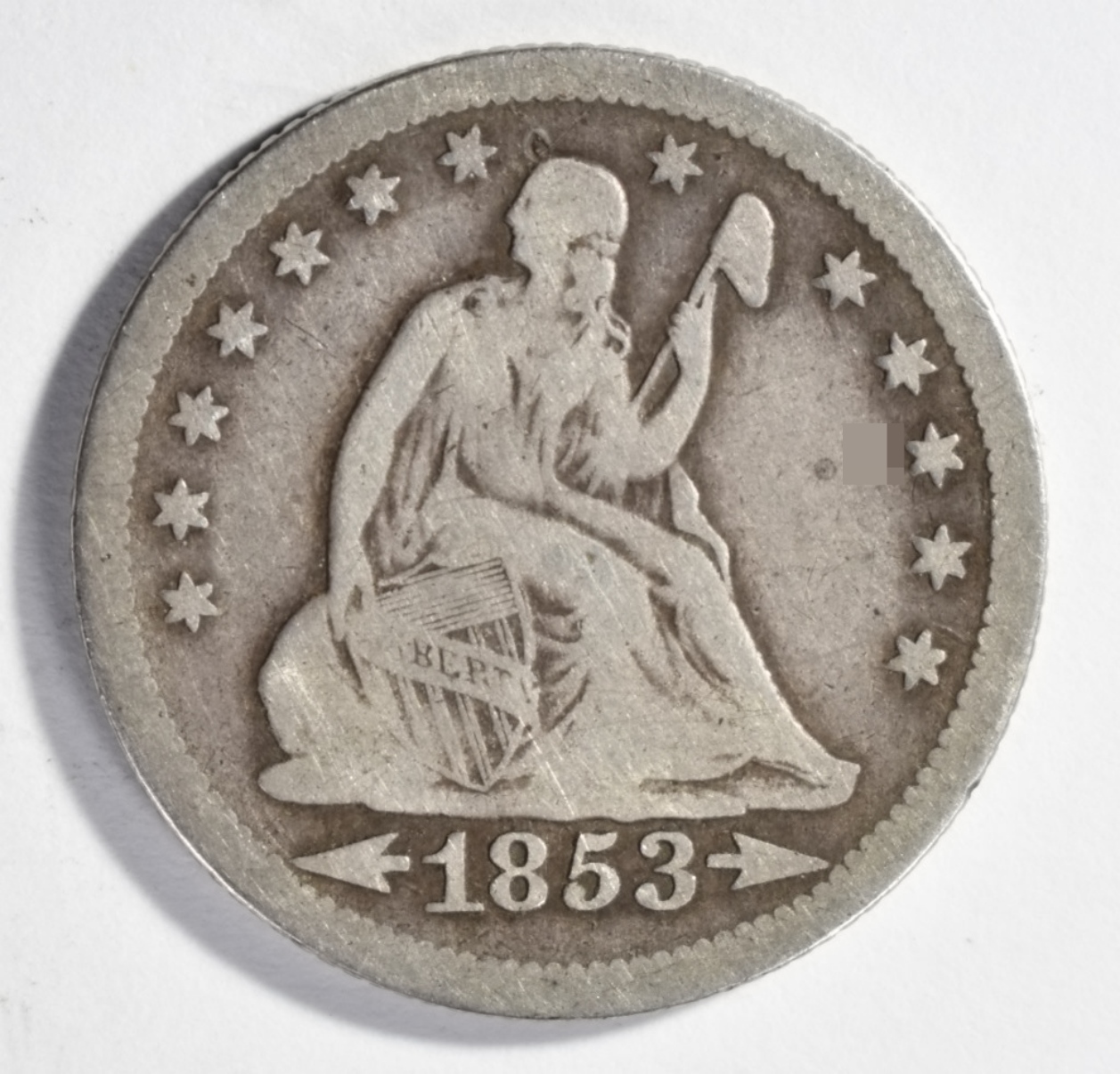 1853-O Arrows and Rays Seated Quarter