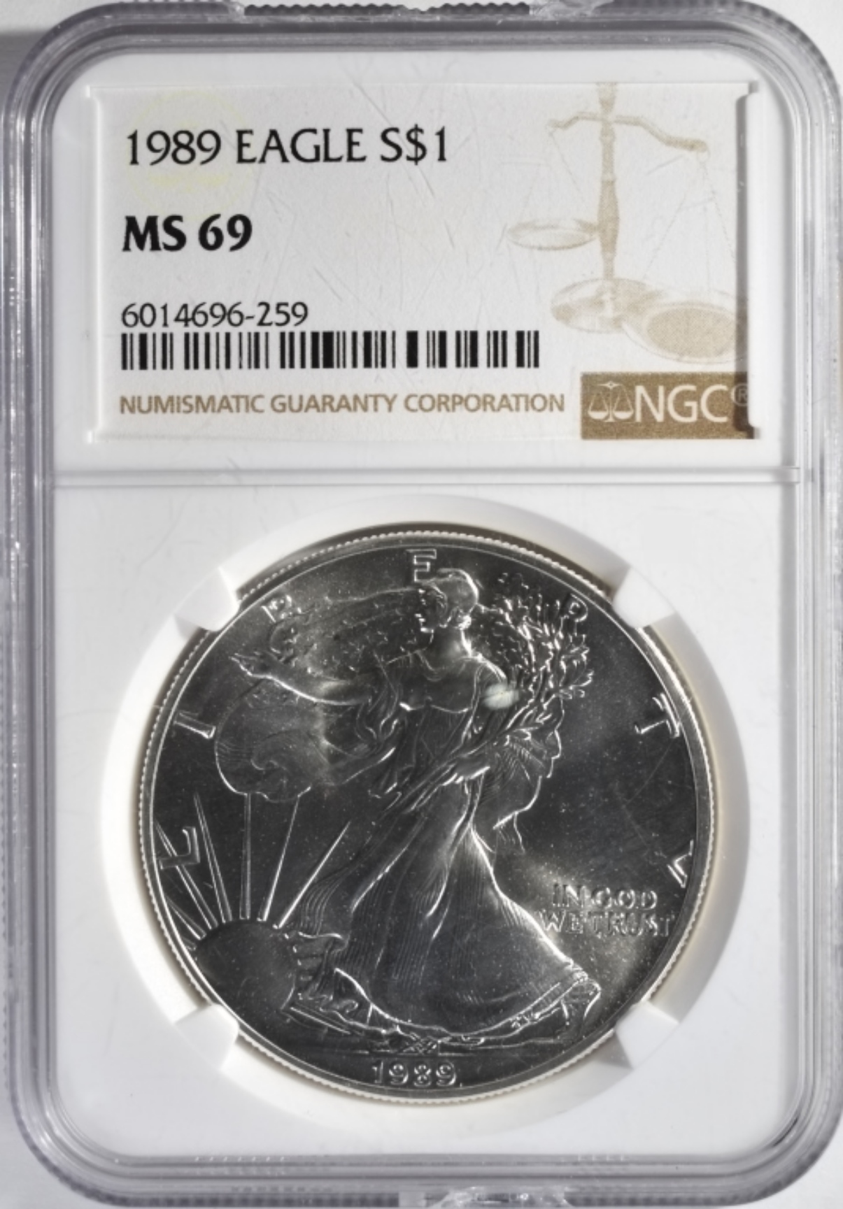1989 Silver Eagle MS69 NGC Chipped Slab