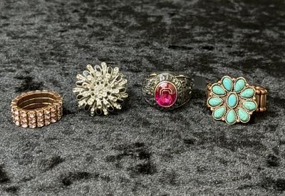 Class Ring & Mixed Tone Rings, 4 Pieces. No hallmarks are visible on any piece, consistent with 