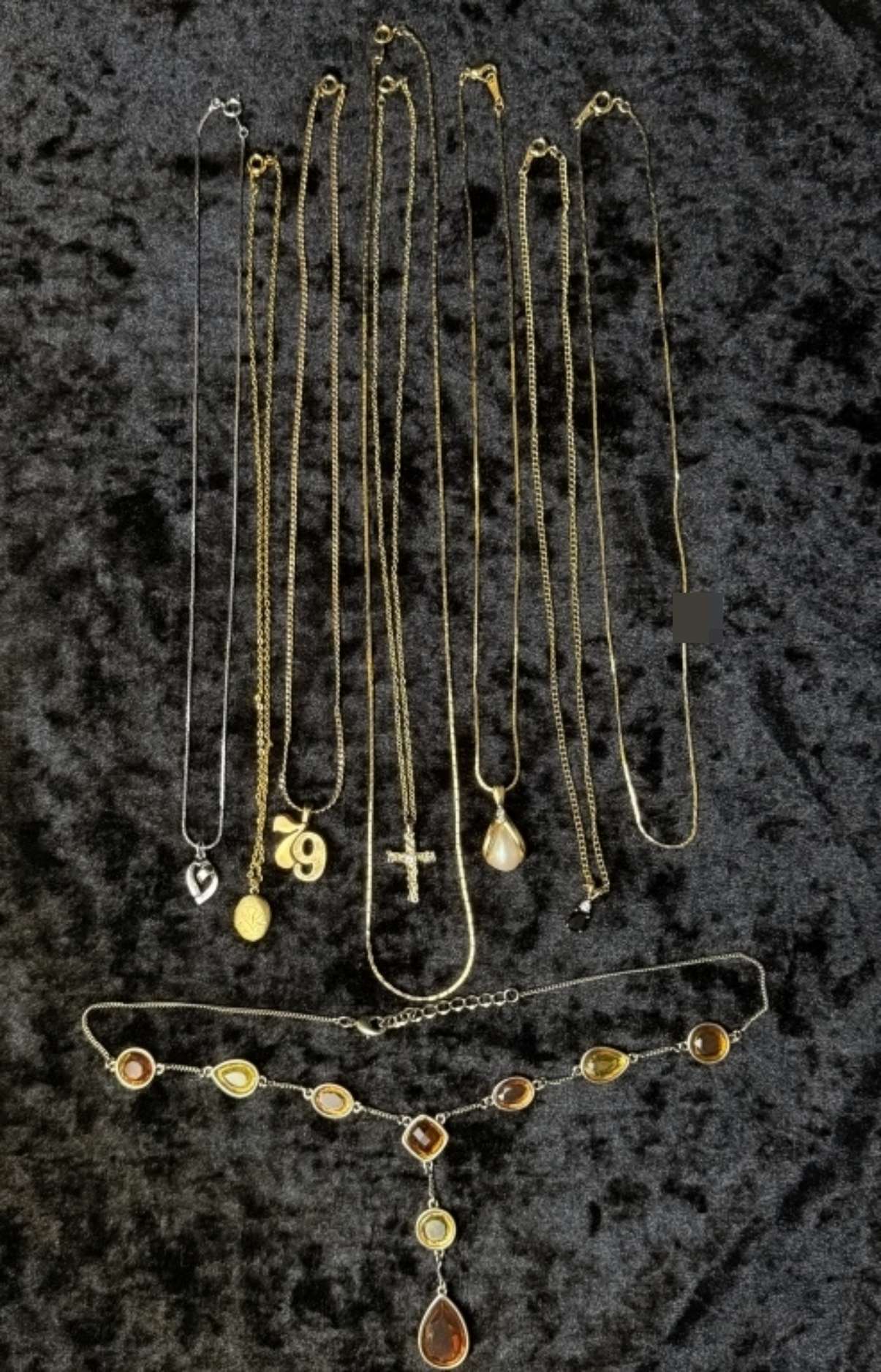Necklace Lot, 9pc Mixed Tone, Faux Pearl Cross '79