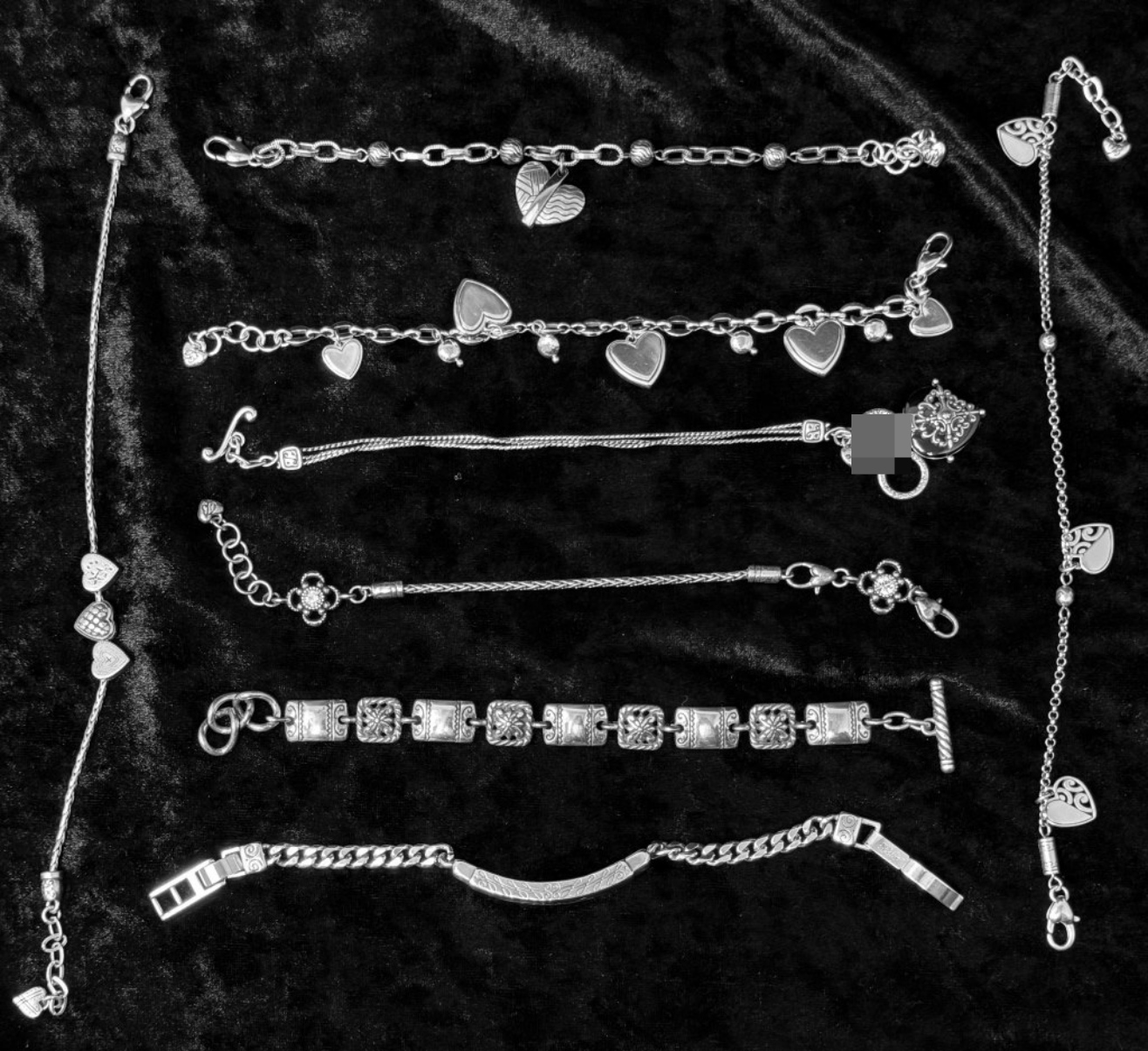 Silver-Tone Heart Charm Bracelets, Lot of 8