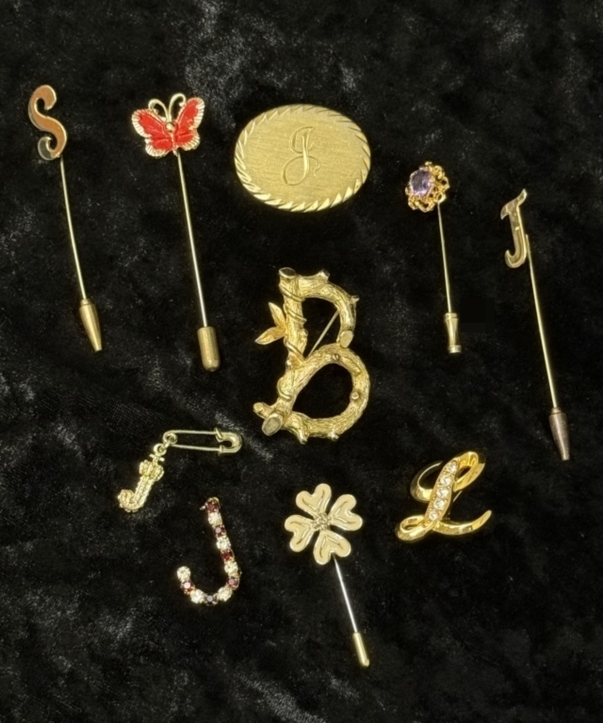 Gold-Tone Initial Pin Lot, 10 Pieces