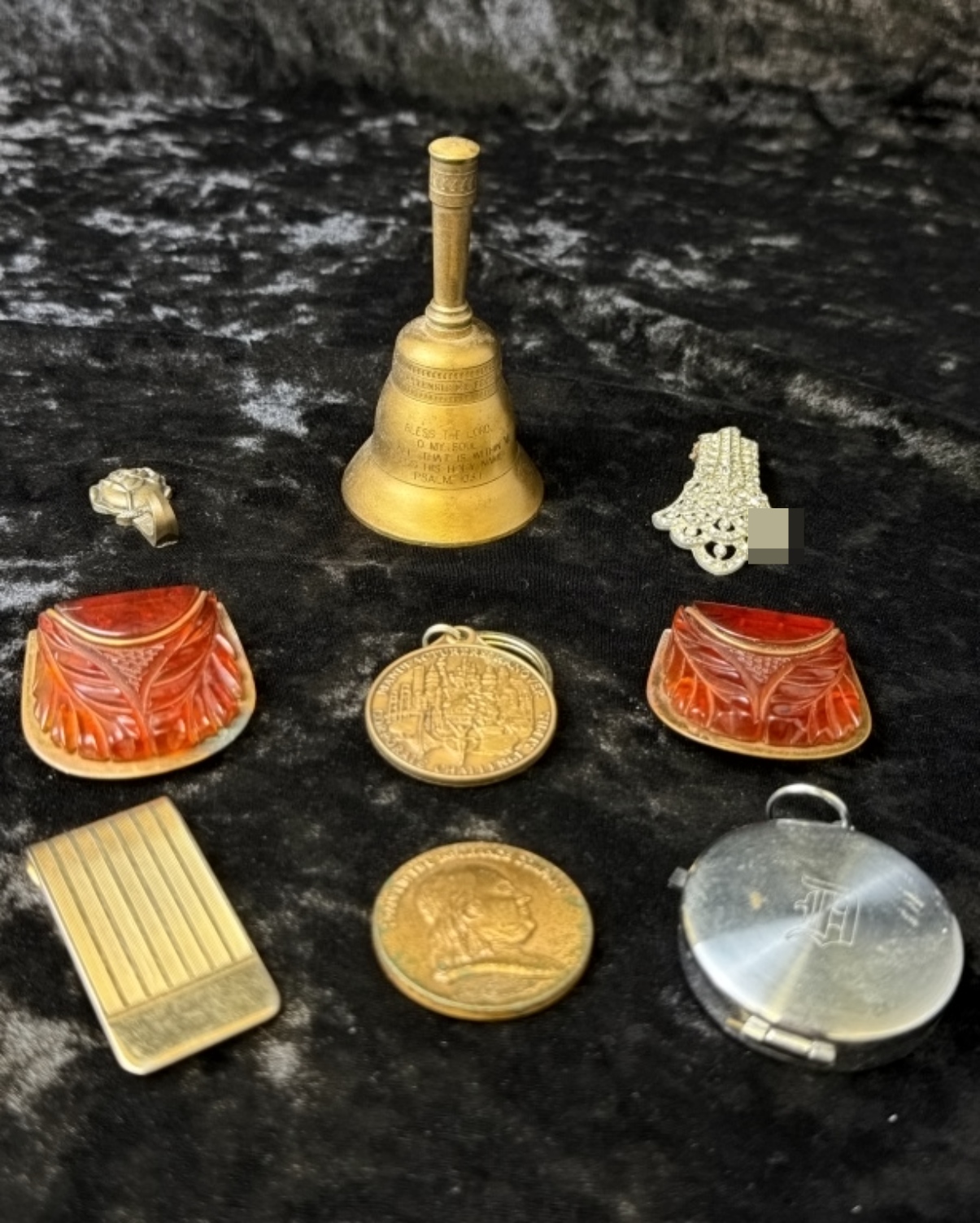 Estate Lot: Bell, Fobs, Rings, Compact, Clips