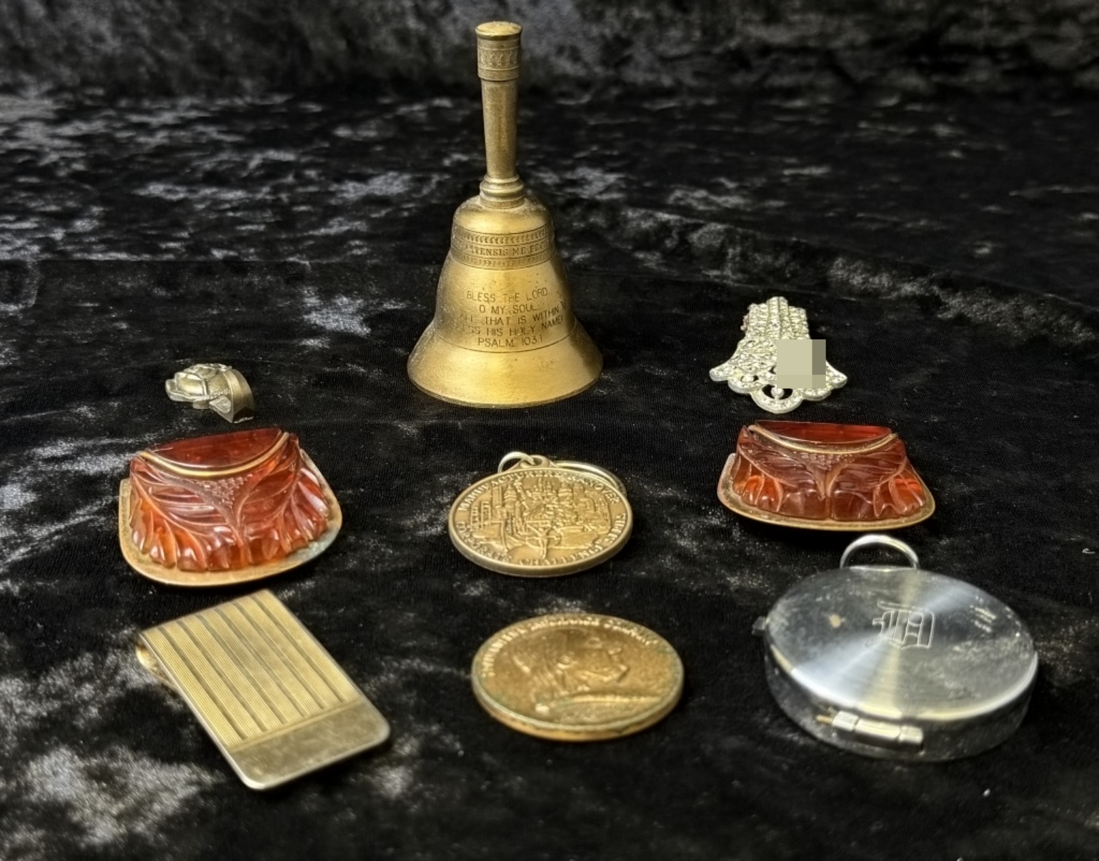Estate Lot: Bell, Fobs, Rings, Compact, Clips