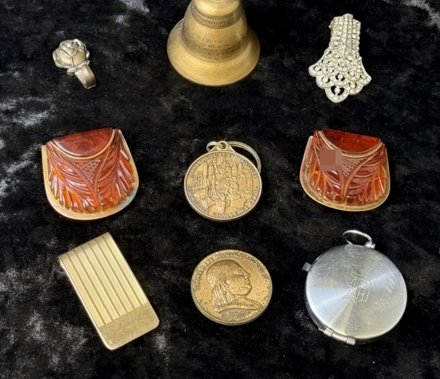Estate Lot: Bell, Fobs, Rings, Compact, Clips