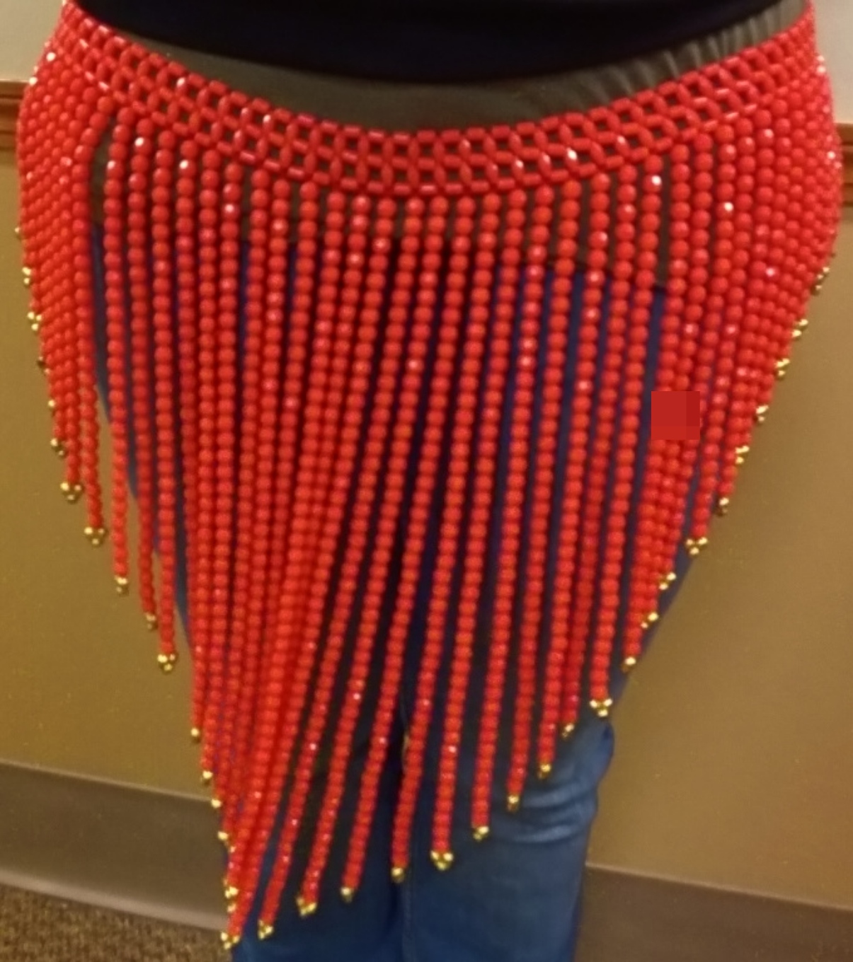 Red Beaded Belly Dance Hip Scarf, Gold-Tone Accent