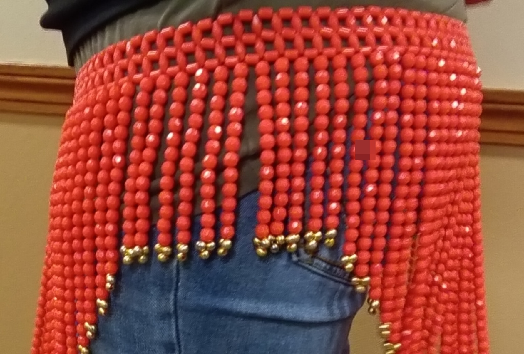 Red Beaded Belly Dance Hip Scarf, Gold-Tone Accent