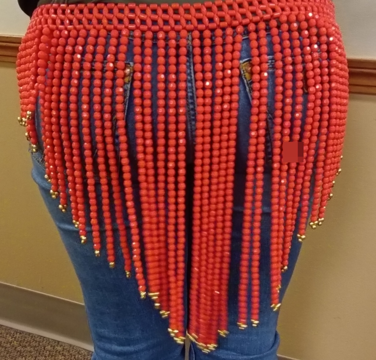 Red Beaded Belly Dance Hip Scarf, Gold-Tone Accent