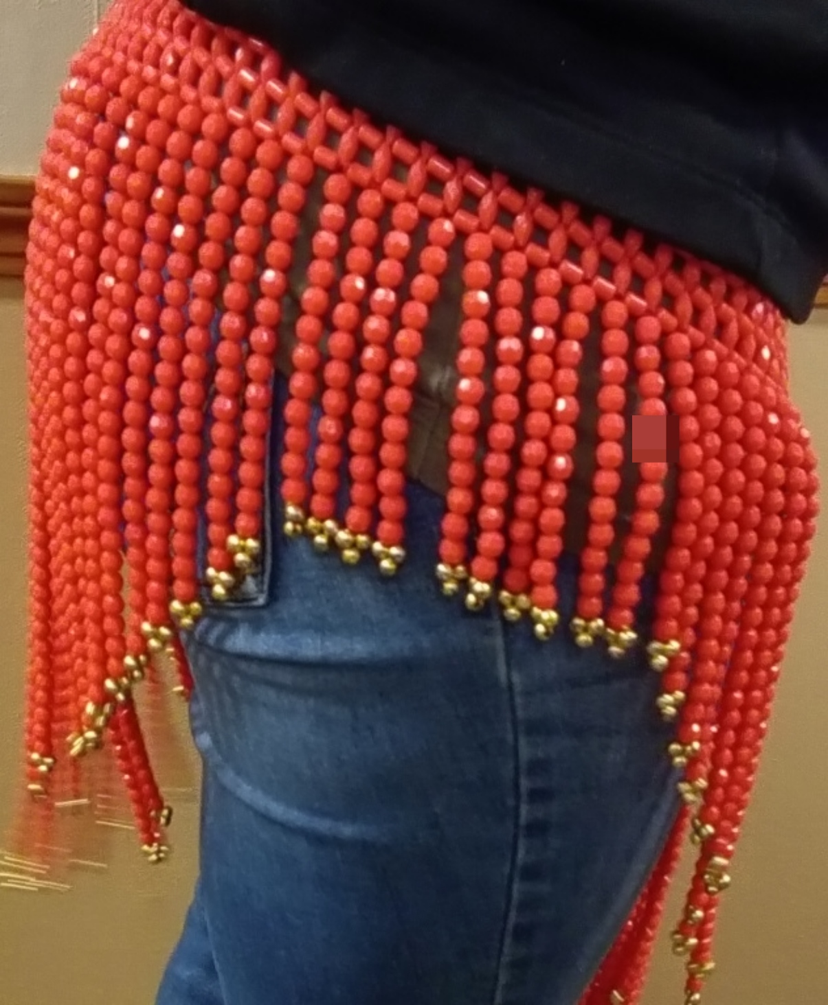 Red Beaded Belly Dance Hip Scarf, Gold-Tone Accent