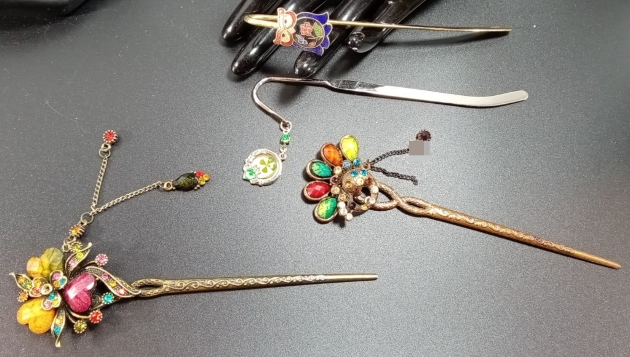 Vintage Costume Hair Pins, 4-Piece Set, Silver & G