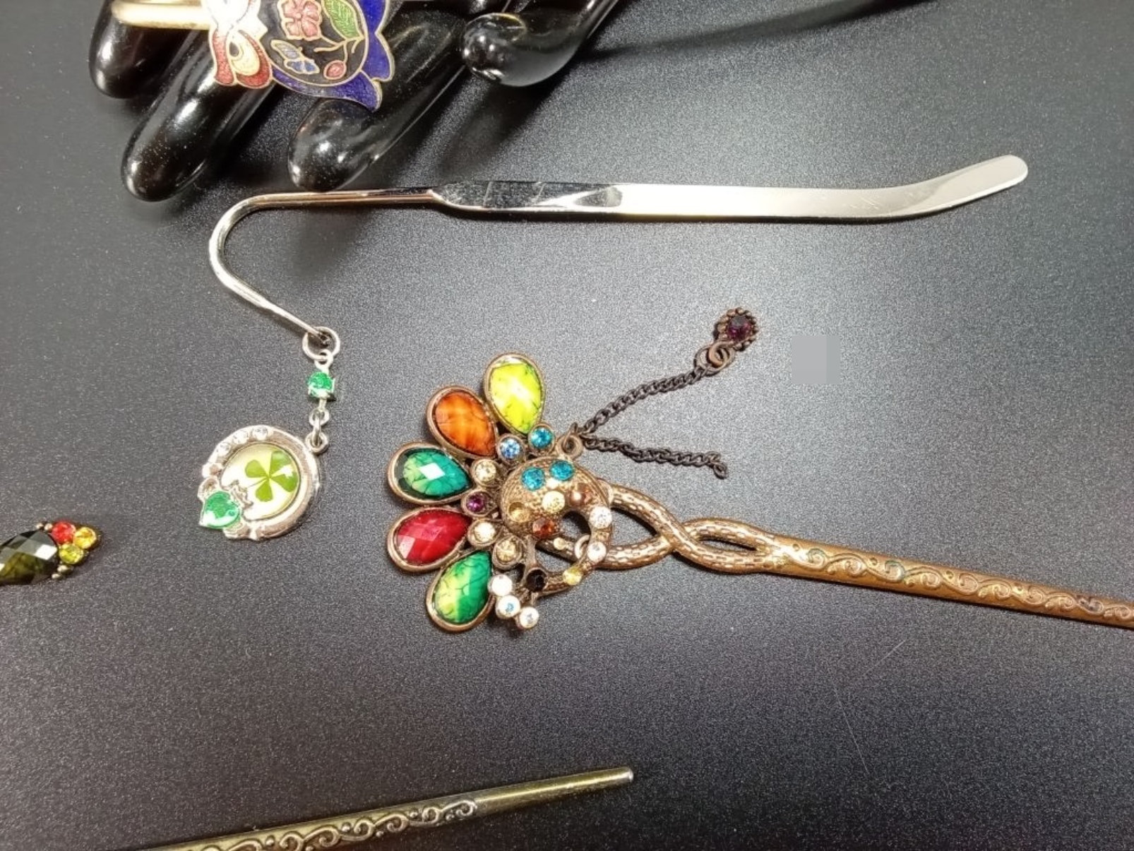 Vintage Costume Hair Pins, 4-Piece Set, Silver & G