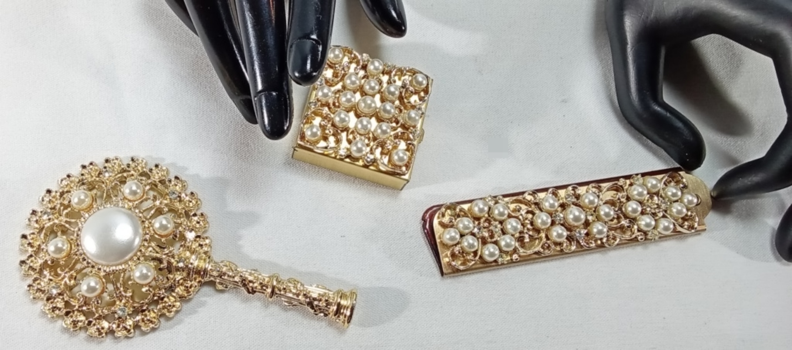 Gold-Tone Faux Pearl Vanity Set, 3 Pieces