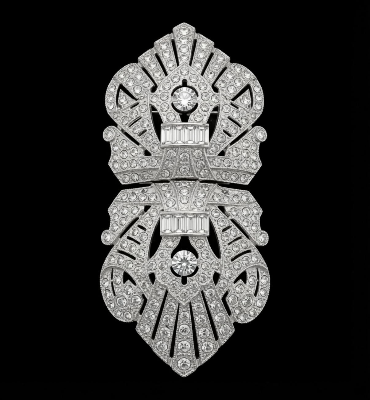 Silver-Tone Rhinestone Art Deco Shell Brooch