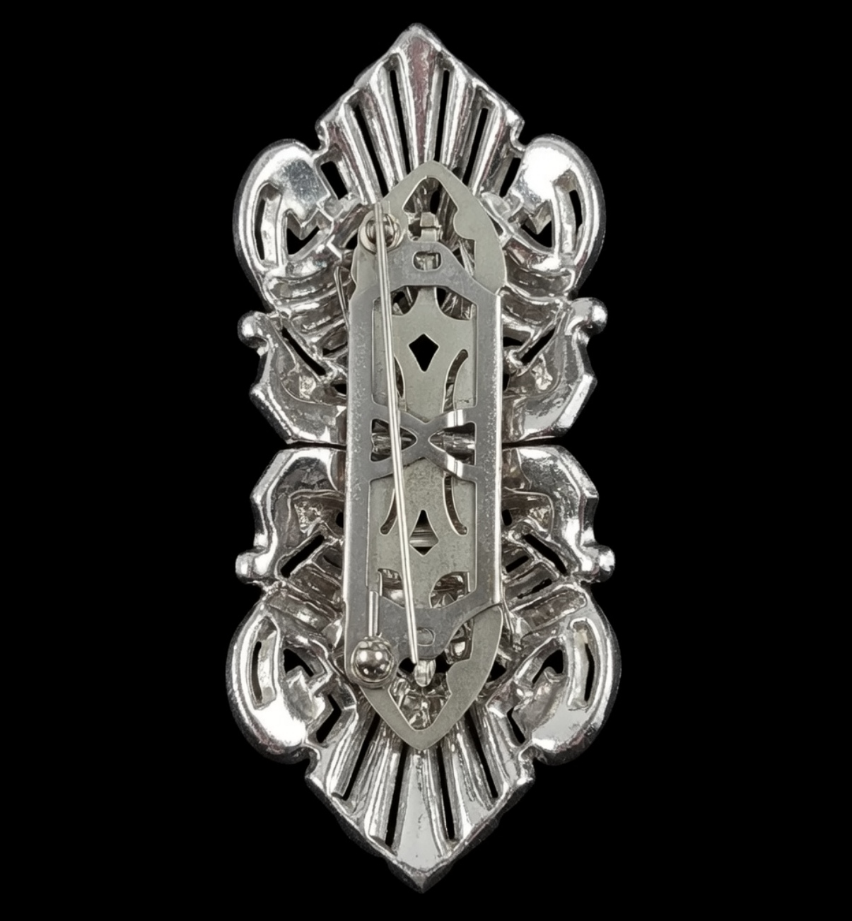 Silver-Tone Rhinestone Art Deco Shell Brooch