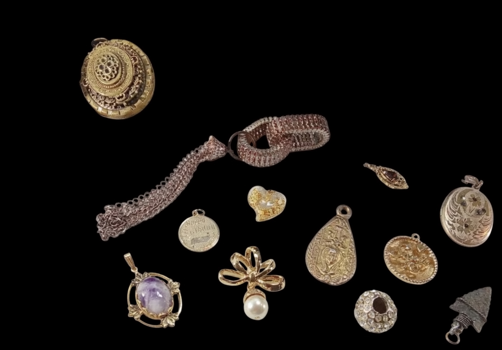 Vintage Gold-Tone Charm Lot, 12 Pieces, Rhinestone