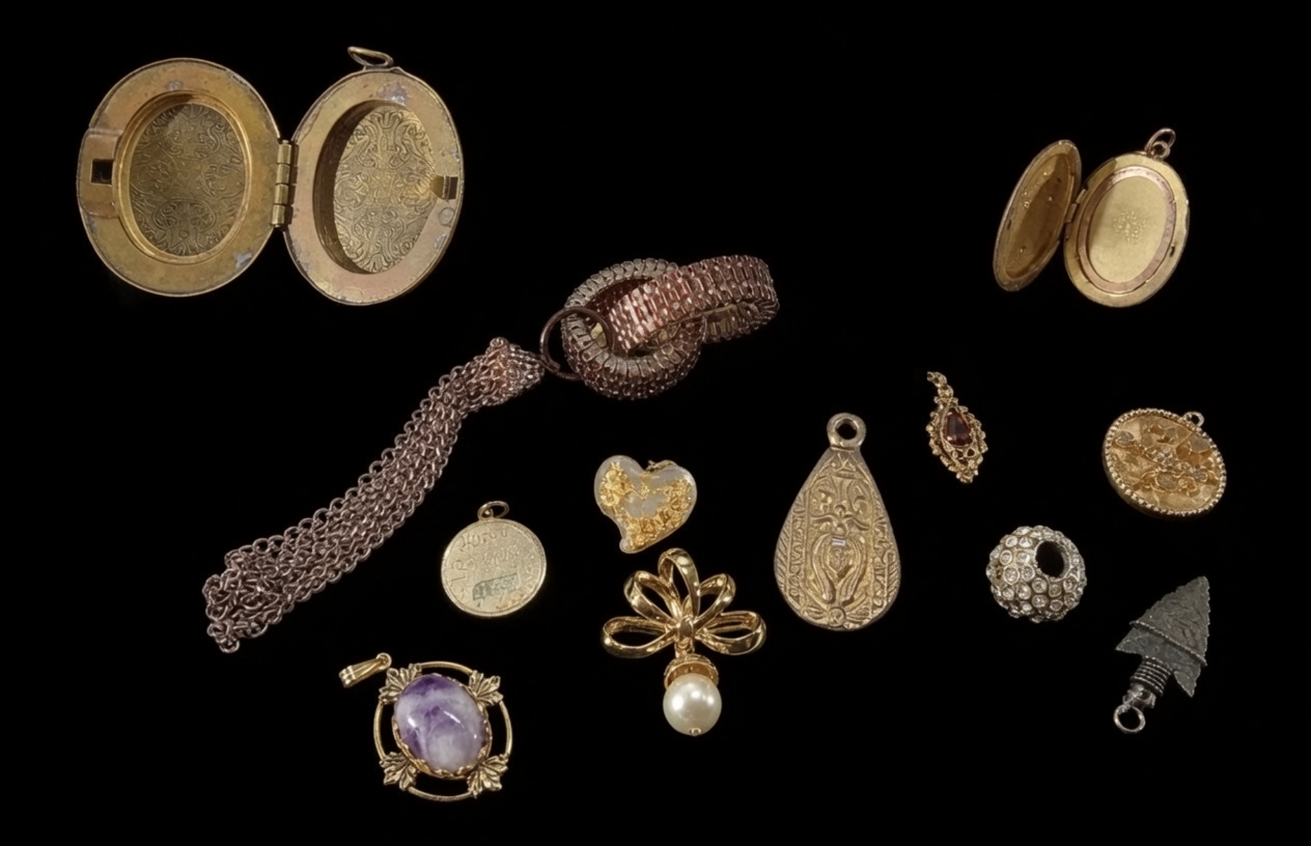 Vintage Gold-Tone Charm Lot, 12 Pieces, Rhinestone