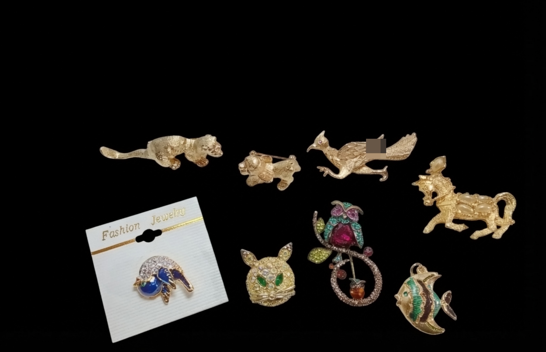 Gold-Tone Rhinestone Animal Brooch Lot, 8 Pieces