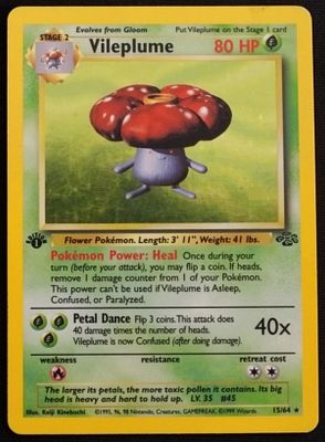 1999 Holo Vileplume Jungle Set 1st Edition. It is a Holo Rare card with card number 15/64.The 