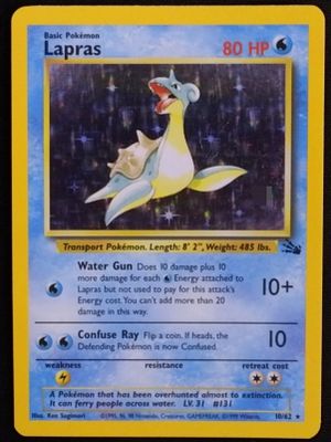 Lapras card from the 1999 Pokemon Fossil set. The card features an illustration by Ken Sugimori 