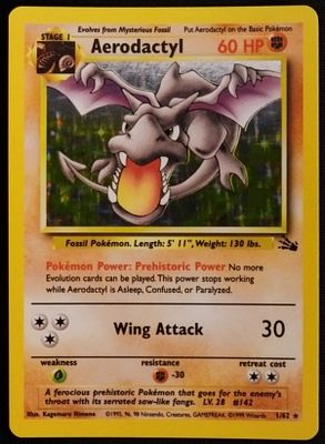 1999 Pokemon Fossil set Aerodactyl Holo Card. Numbered 1/62.It features the "Prehistoric Power" 