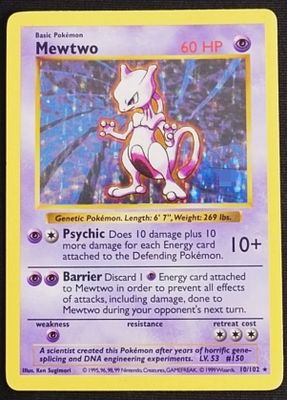 1999 Mewtwo Base Set #10/102 Holo Rare Shadowless. This is the shadowless Base Set Mewtwo, card 