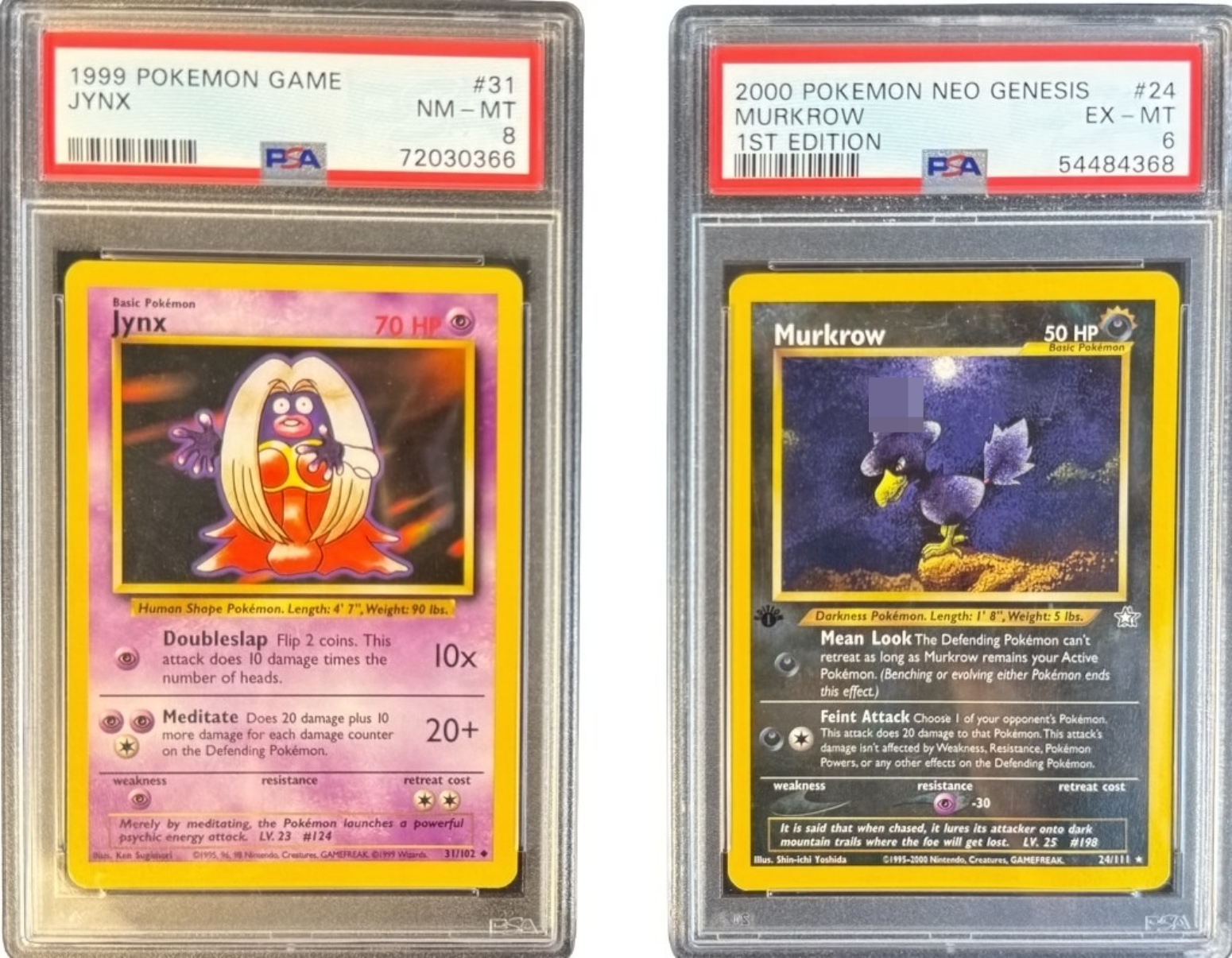 1999 Jynx Base #31 PSA 8, 2000 Murkrow PSA 6
