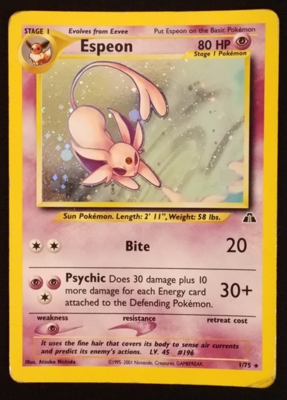 2000 Espeon Neo Discovery #1/75 Holo, Damaged