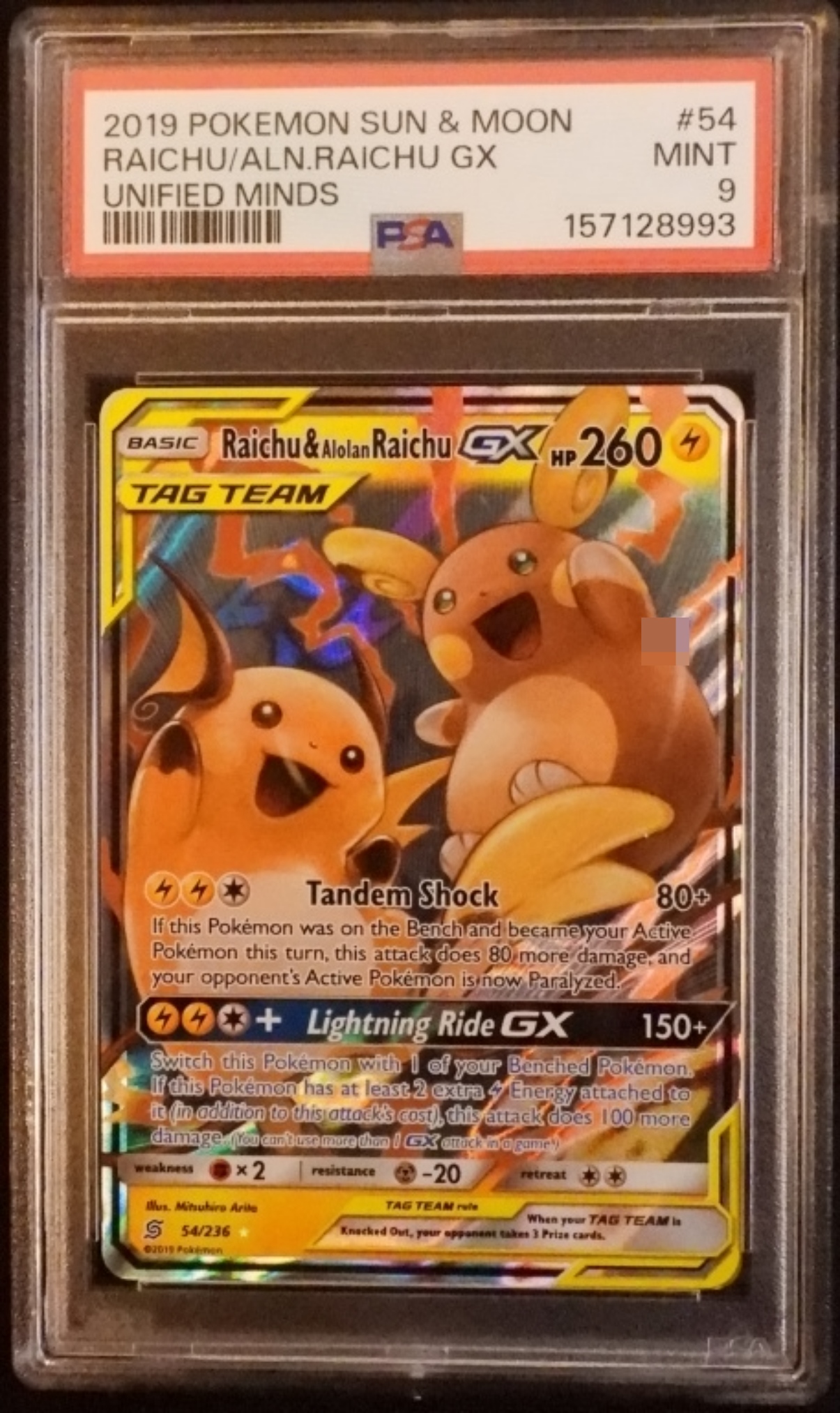 2019 Raichu & Alolan Raichu GX #54/236, PSA 9