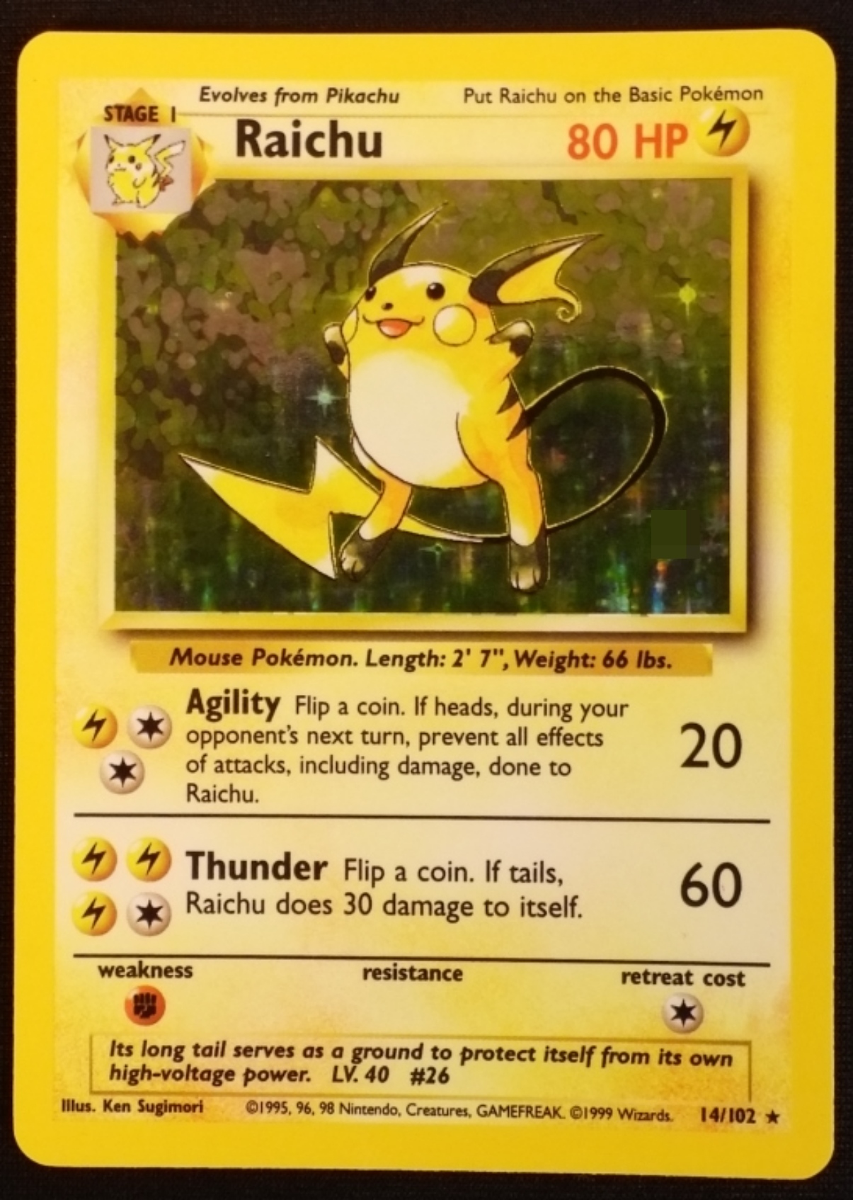 1999 Raichu Base Set #14/102 Holo Rare