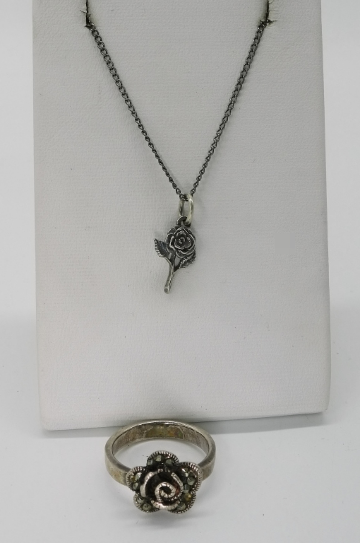 Sterling Marcasite Rose Ring & Pendant