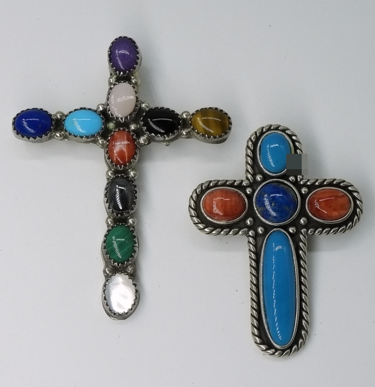 Sterling Silver Gemstone Cross Brooches, Lot of 2