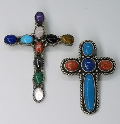 Sterling Silver Gemstone Cross Brooches, Lot of 2. Pair of sterling silver cross pendant / 