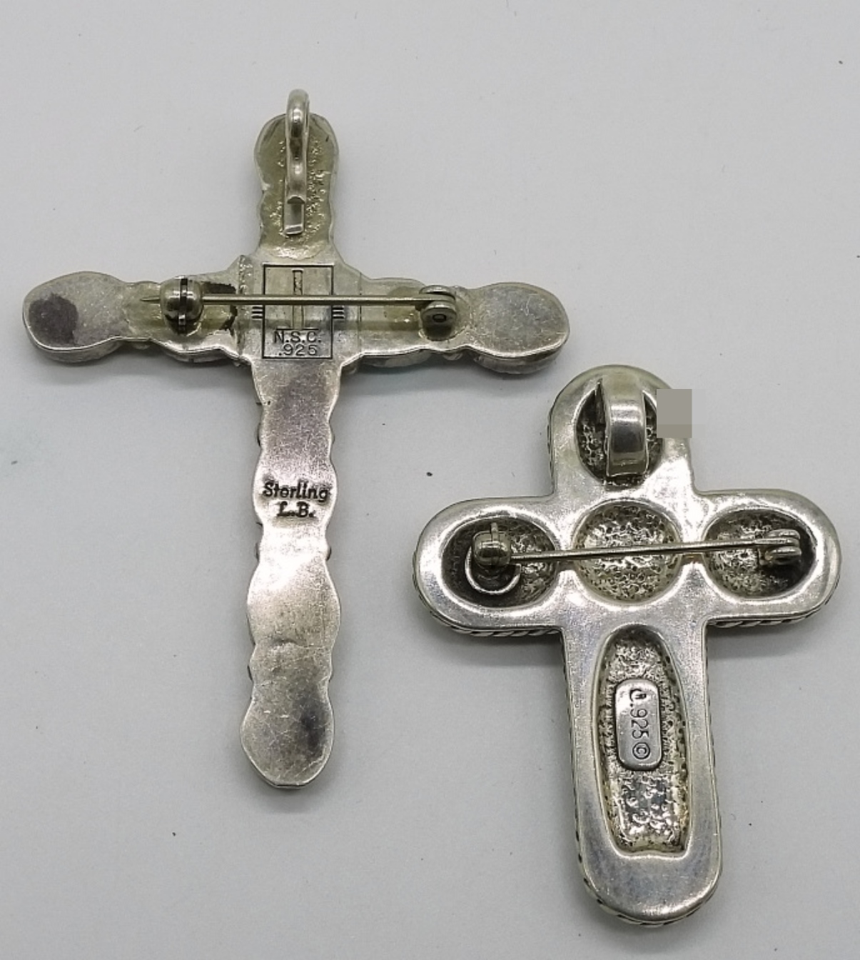 Sterling Silver Gemstone Cross Brooches, Lot of 2