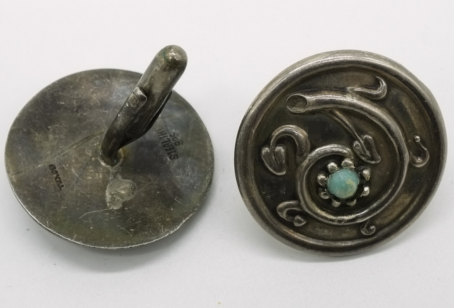 Taxco Sterling Silver Turquoise Cufflinks, Pair