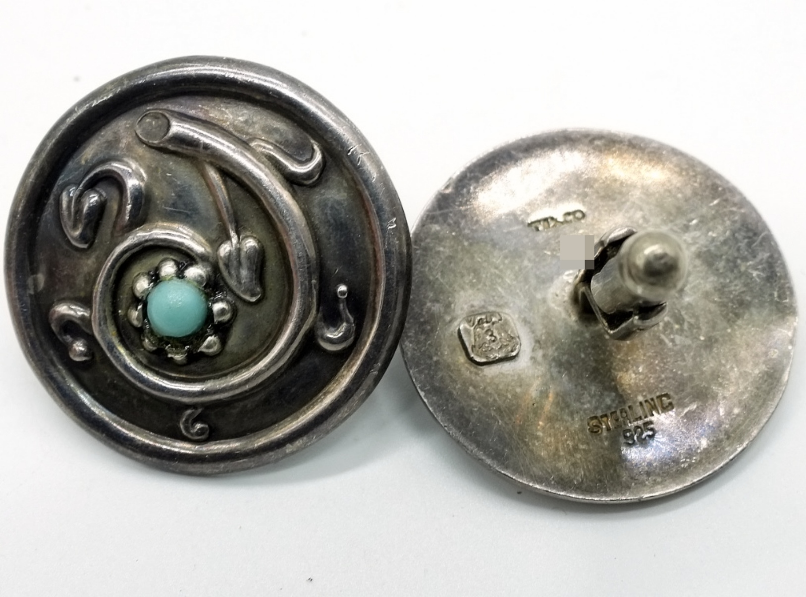 Taxco Sterling Silver Turquoise Cufflinks, Pair