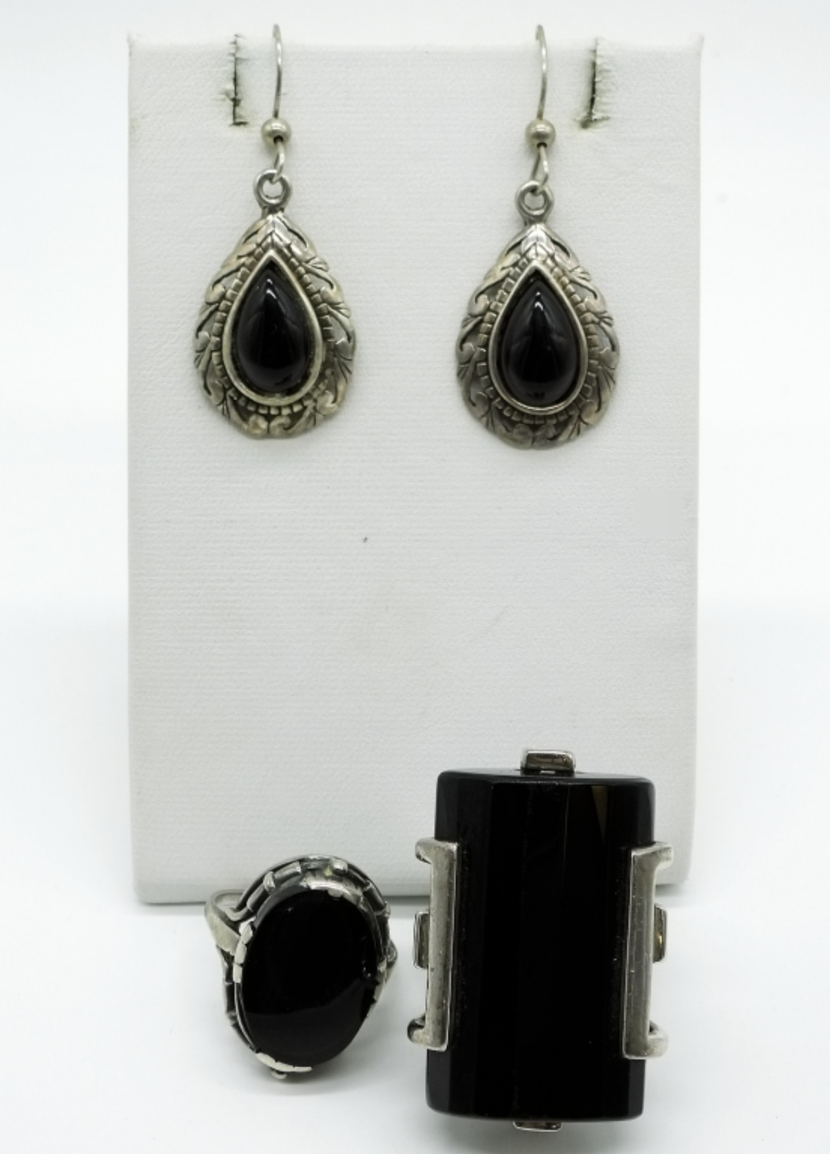Sterling Silver Black Onyx Rings & Earring Set