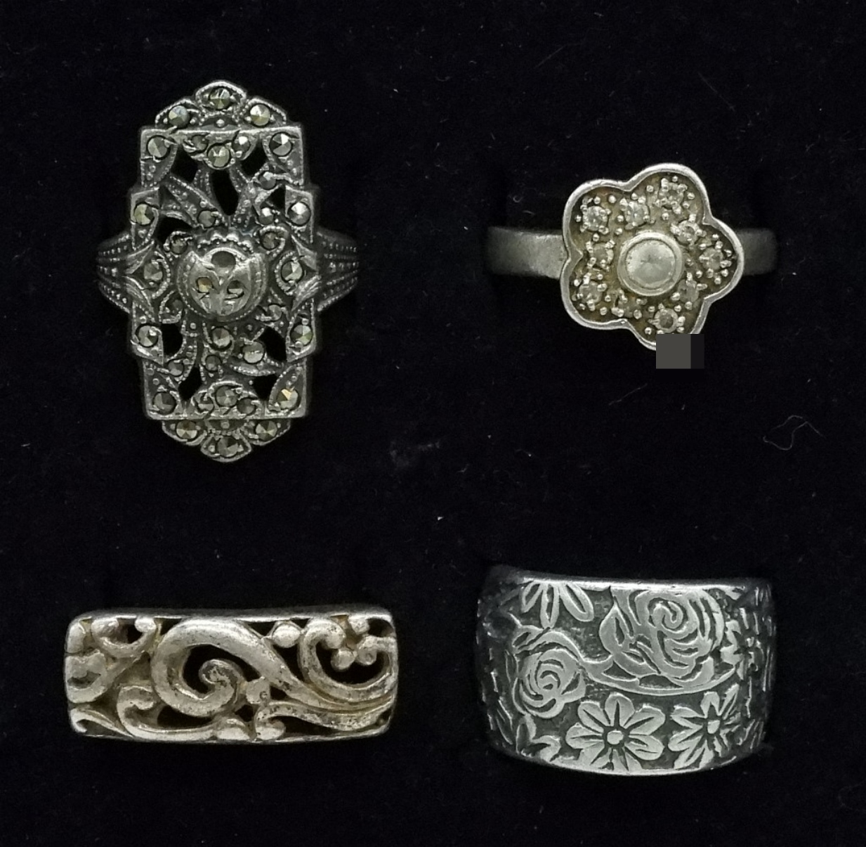 4 Sterling Floral Marcasite Rings