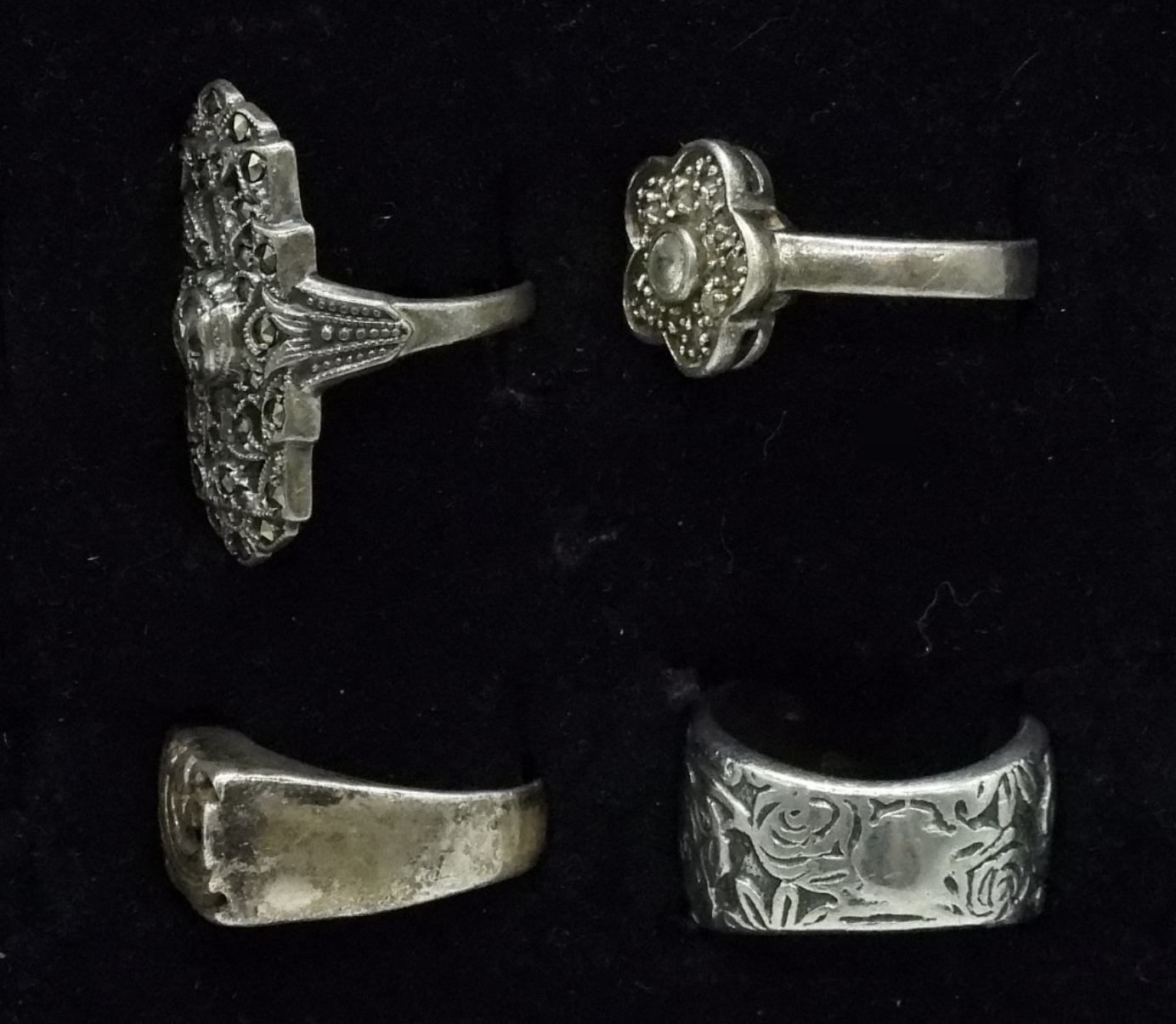 4 Sterling Floral Marcasite Rings