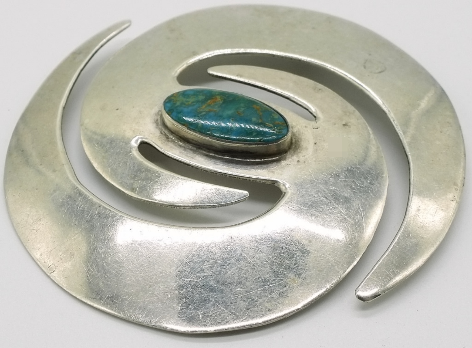 Sterling Silver Turquoise Brooch, Modernist Spiral