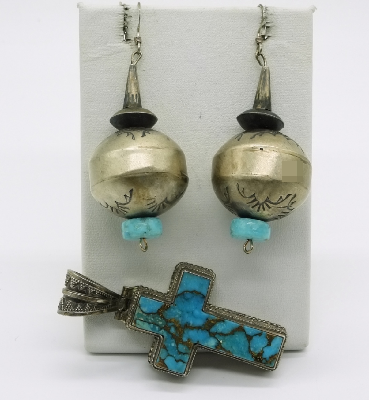 Sterling Turquoise Cross Pendant & Earrings