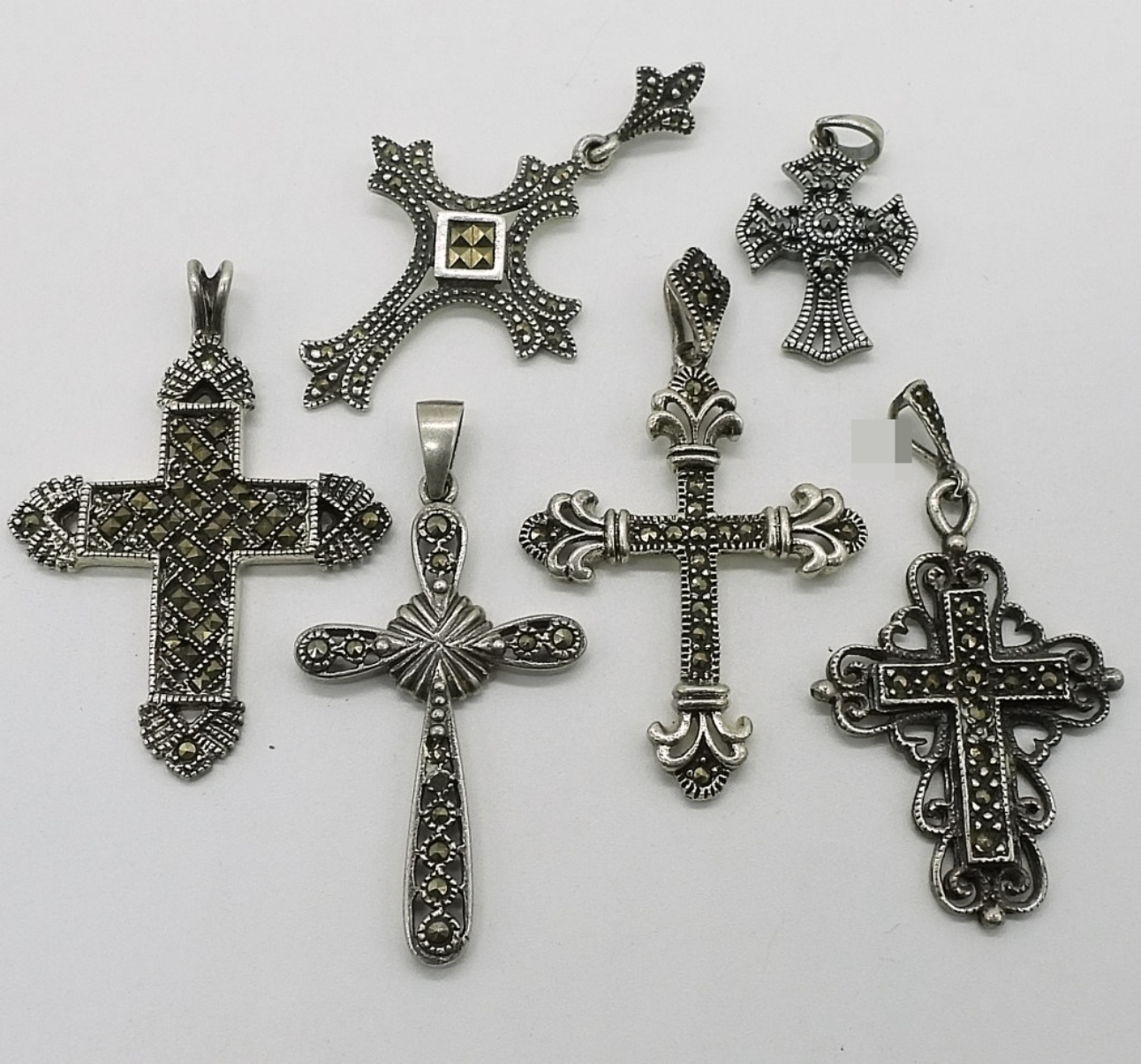 6 Sterling Marcasite Cross Pendants