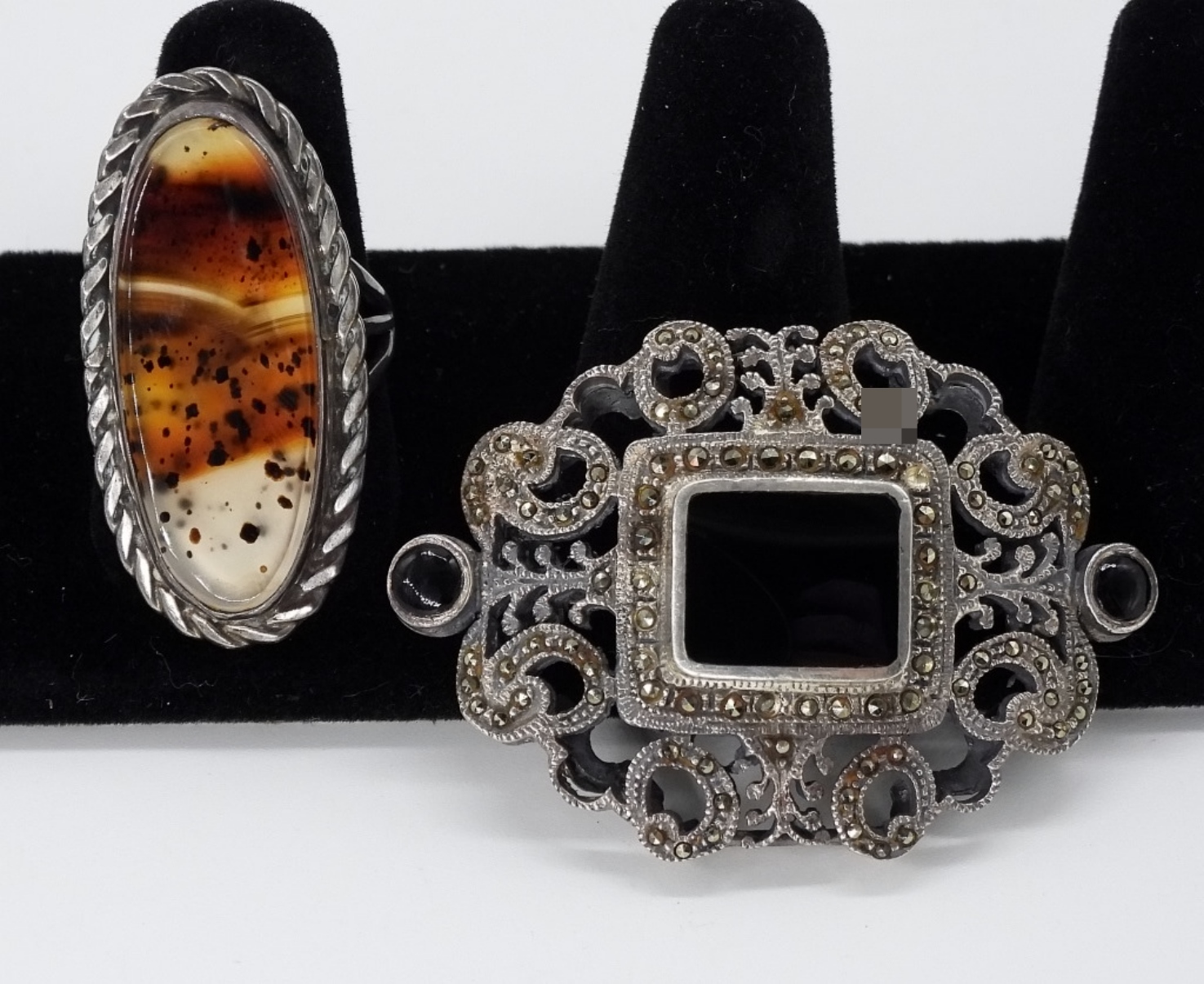 Sterling Agate Ring & Marcasite Brooch