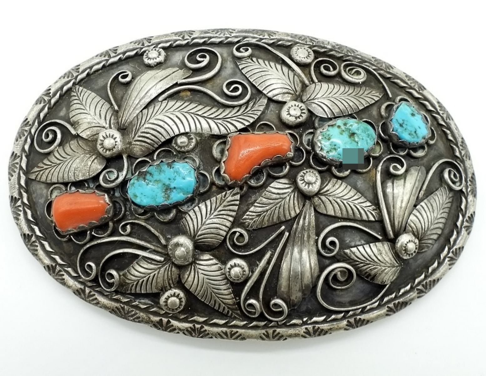 Large Sterling Belt Buckle, Turquoise & Coral